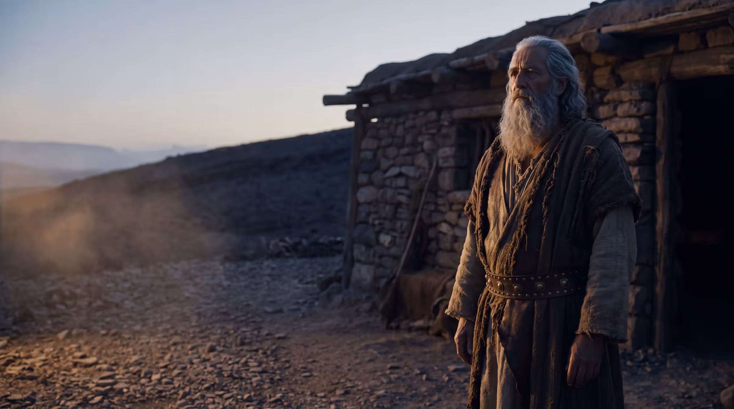 Lamech standing outside a stone and timber encampment at dusk, chin raised, a spear leaning unused against the wall