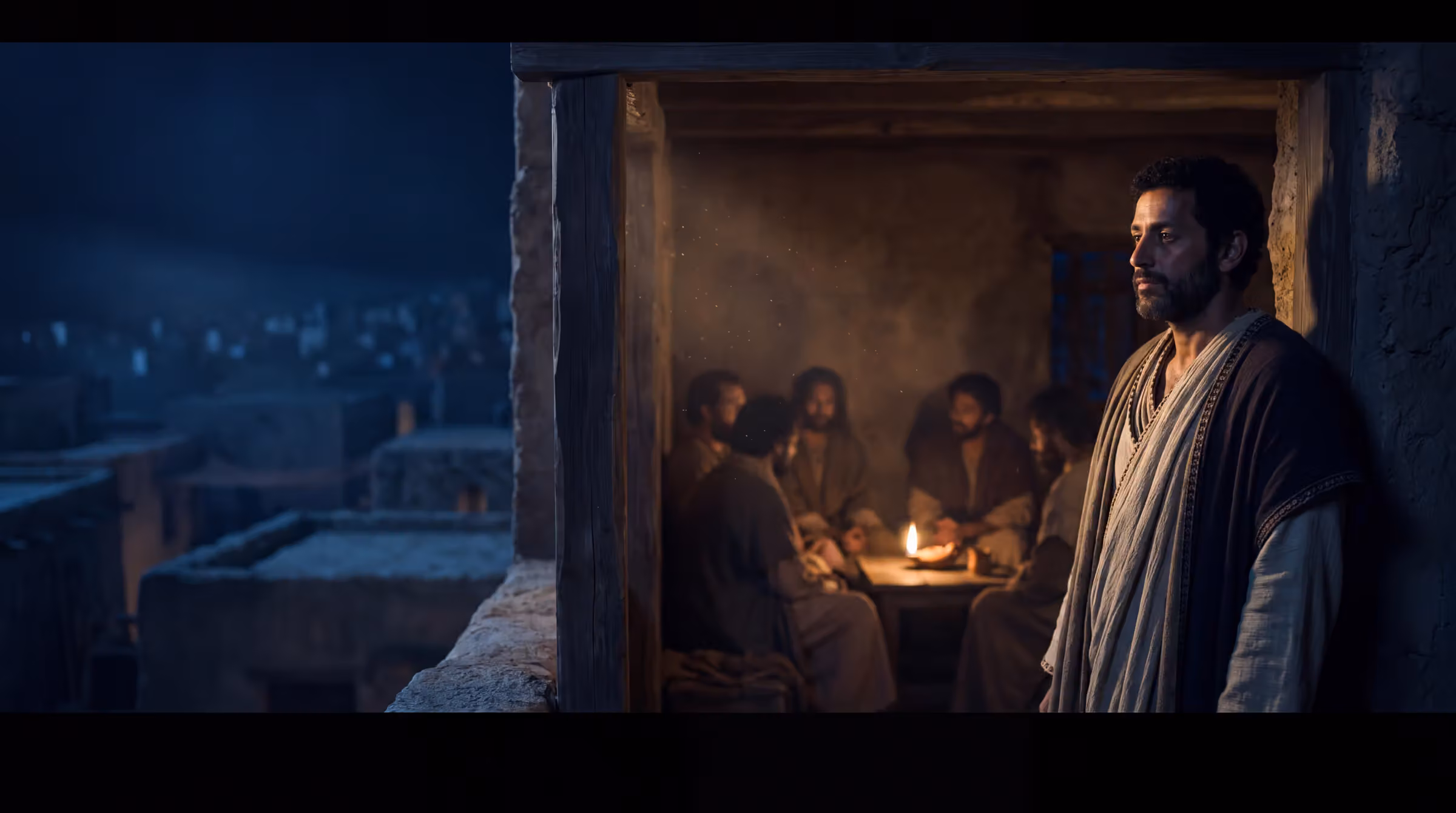 Lucius of Cyrene in the doorway of an upper room in Antioch, lamplight on his face, a small circle seated behind him