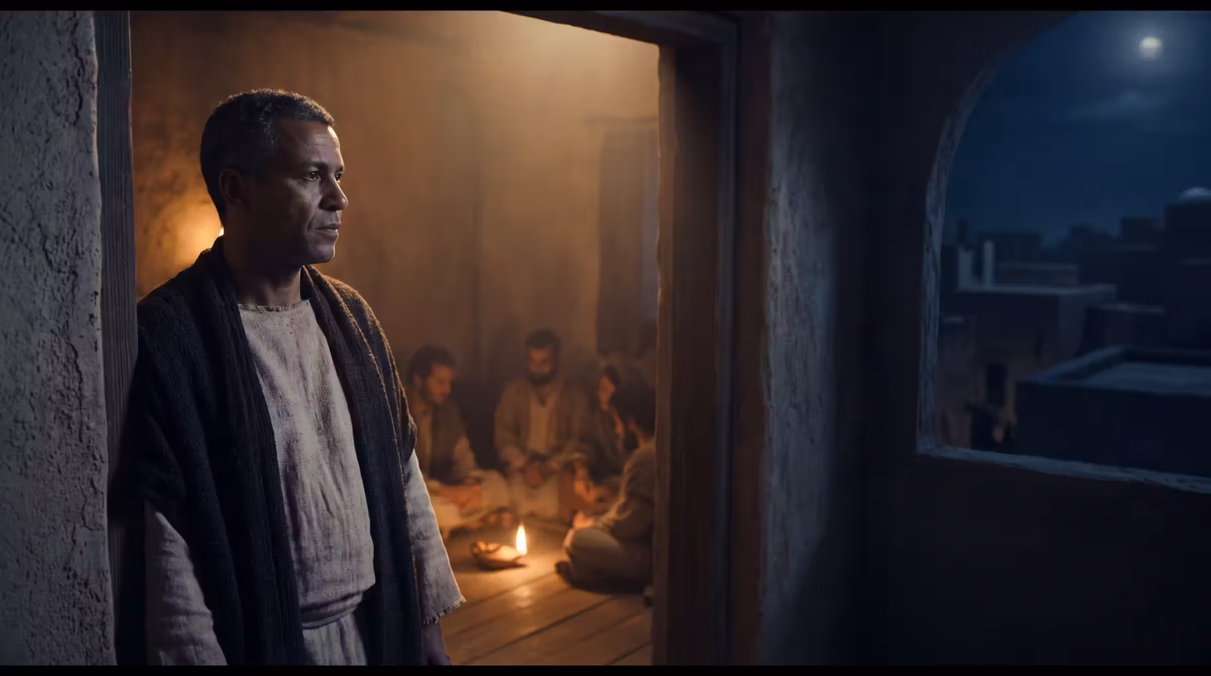 A North African man in a plain tunic in the doorway of a lamplit upper room, a small group seated around a clay lamp behind him