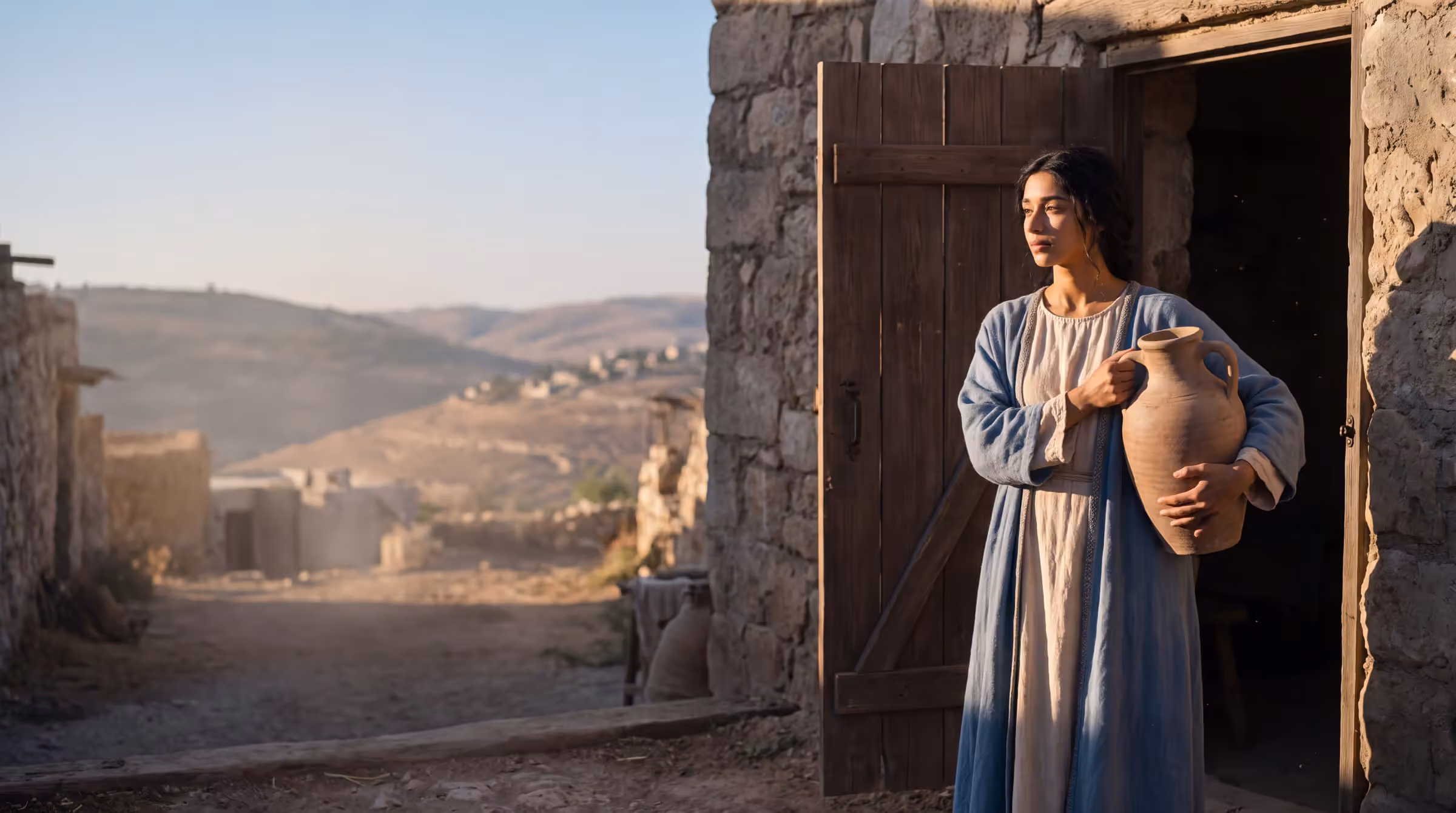 Mary in the doorway of a stone house in Nazareth at first light, a clay water jar against her hip, stopped mid-task