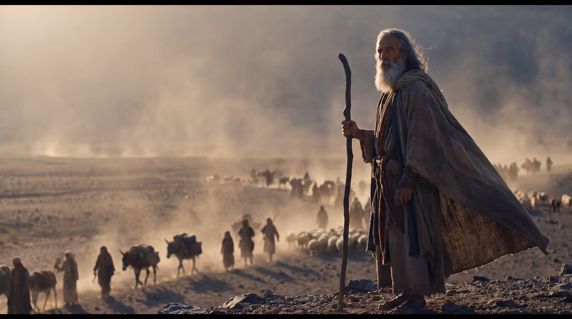 Moses on a ridge in the Sinai wilderness at first light, staff grounded, the column of Israel strung out across the plain below