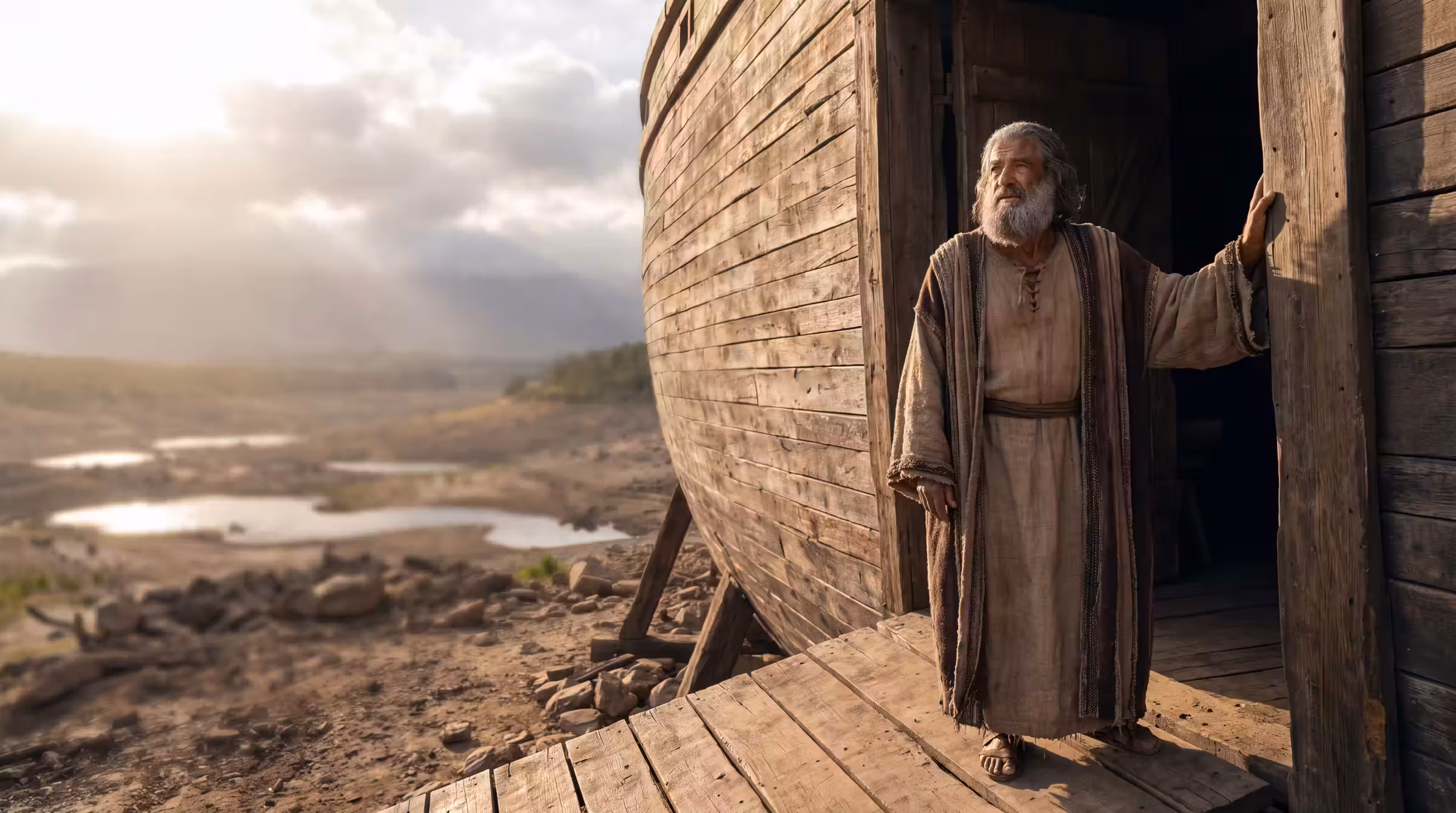 Noah on the open ramp of the grounded ark after the rain, a hand on the doorpost, the drying plain below