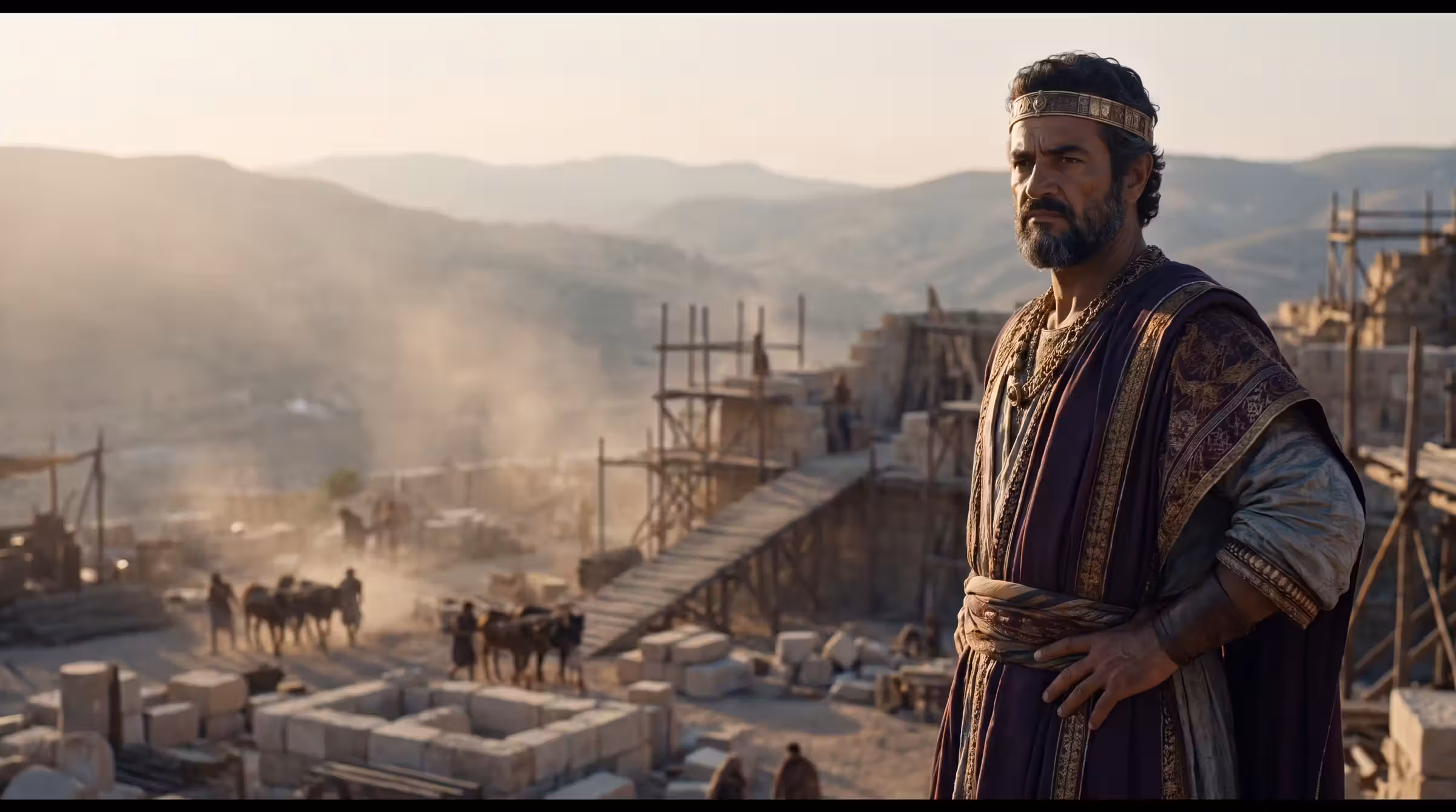 Omri on the crown of the hill of Samaria at golden hour, surveying the half-built city and its scaffolding below