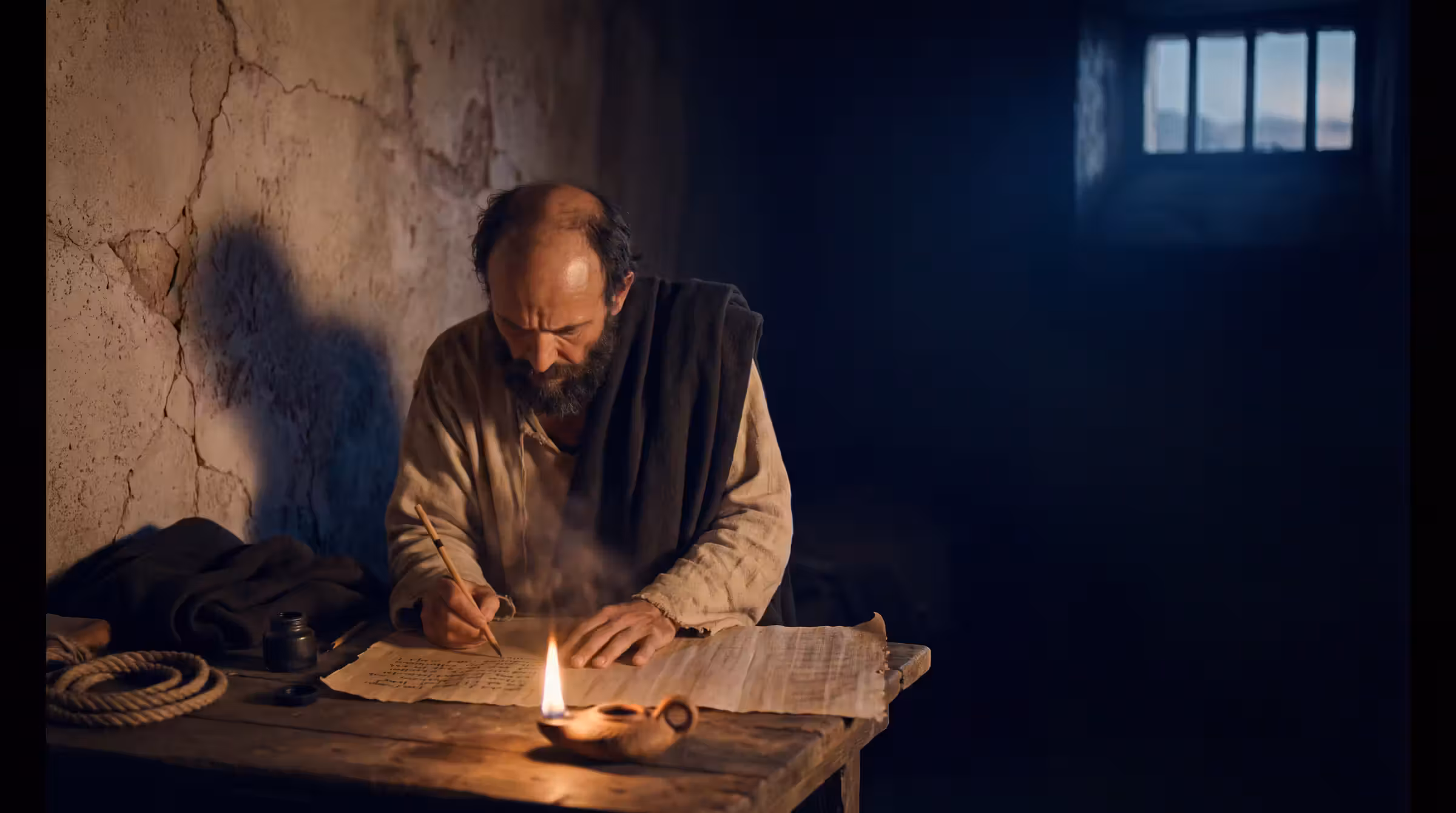 A balding bearded man writing on papyrus with a reed pen at a plain table in a bare room, lit only by a single clay lamp