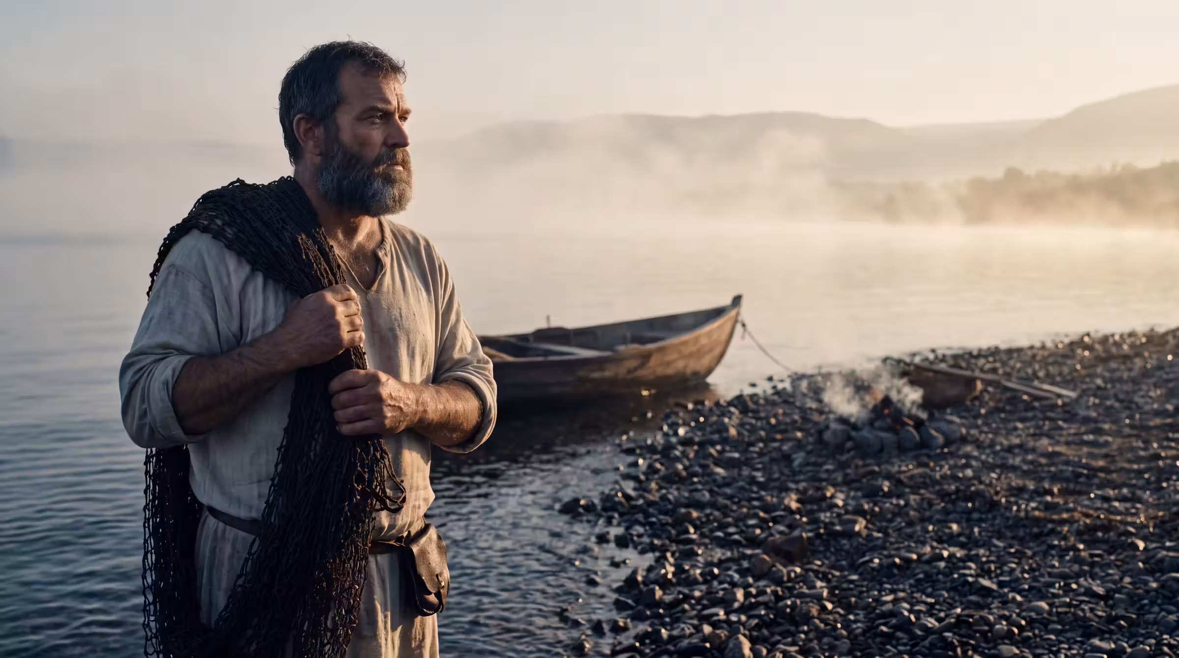 A broad weather-beaten fisherman with a wet net over his shoulder standing in the shallows at dawn, a boat and small fire on the shingle beyond