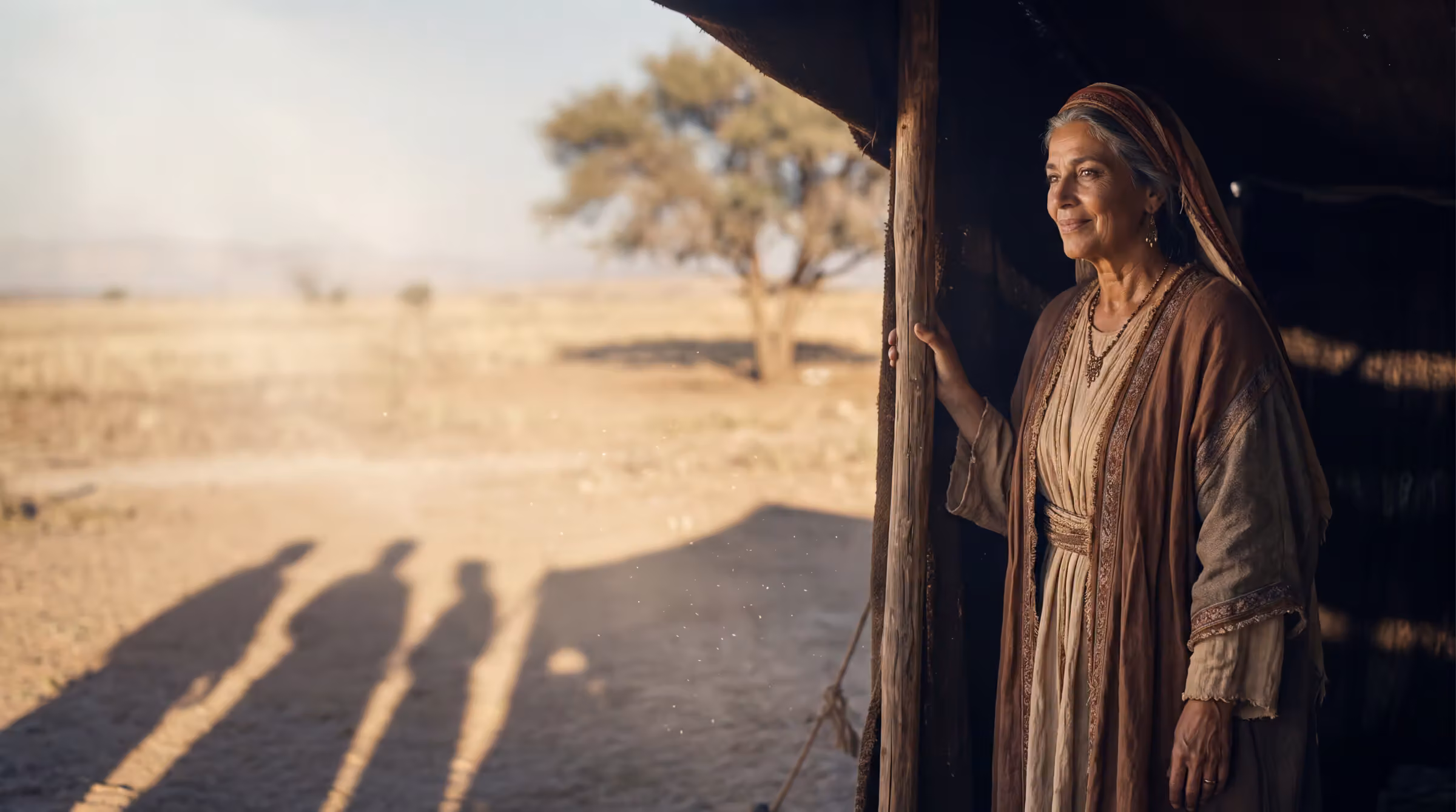 Sarah listening at the opening of a goat-hair tent, a half-smile beginning, three long shadows on the ground outside