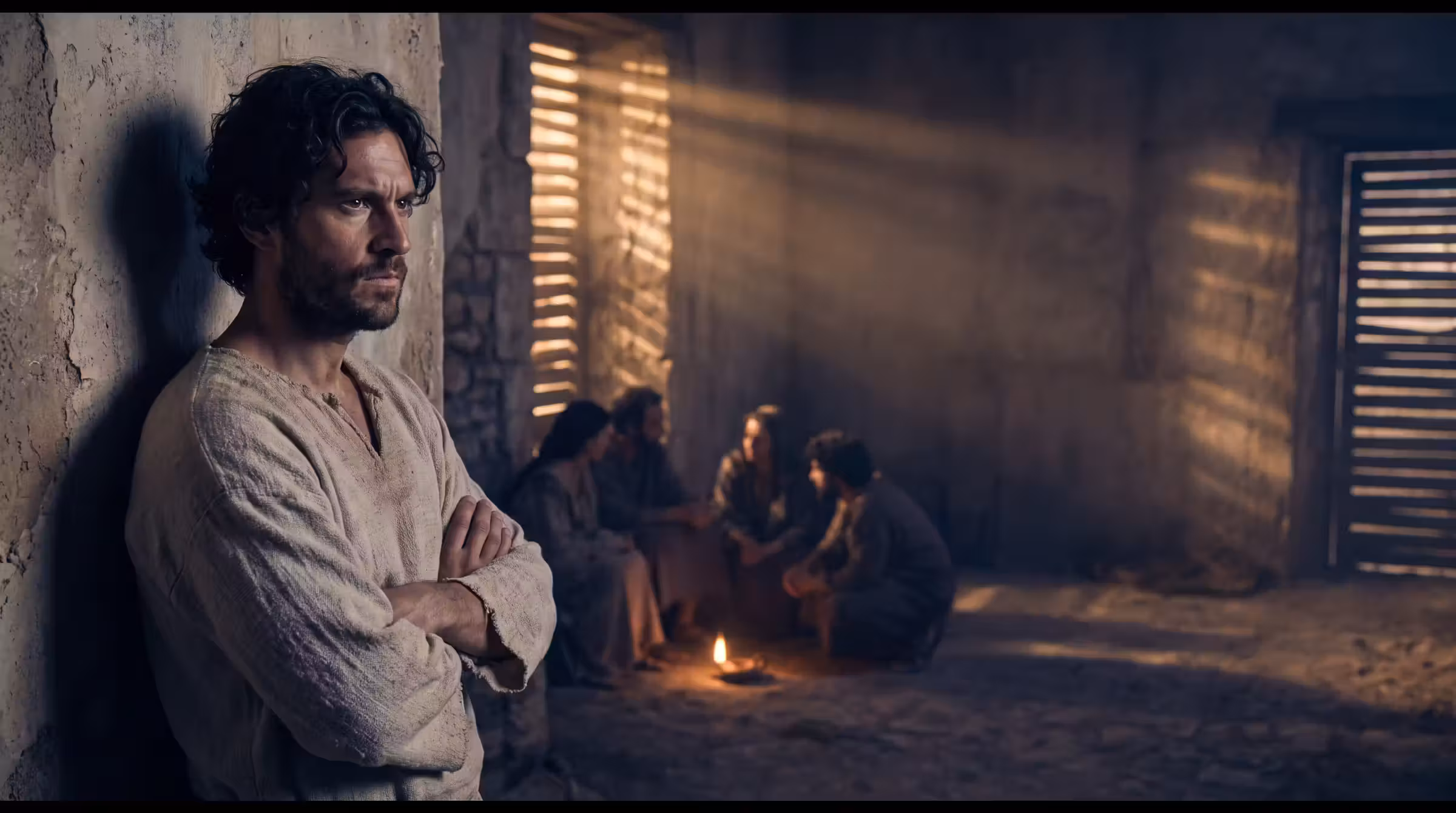 A man standing apart with folded arms in the corner of a shuttered upper room, others seated around a lamp behind him