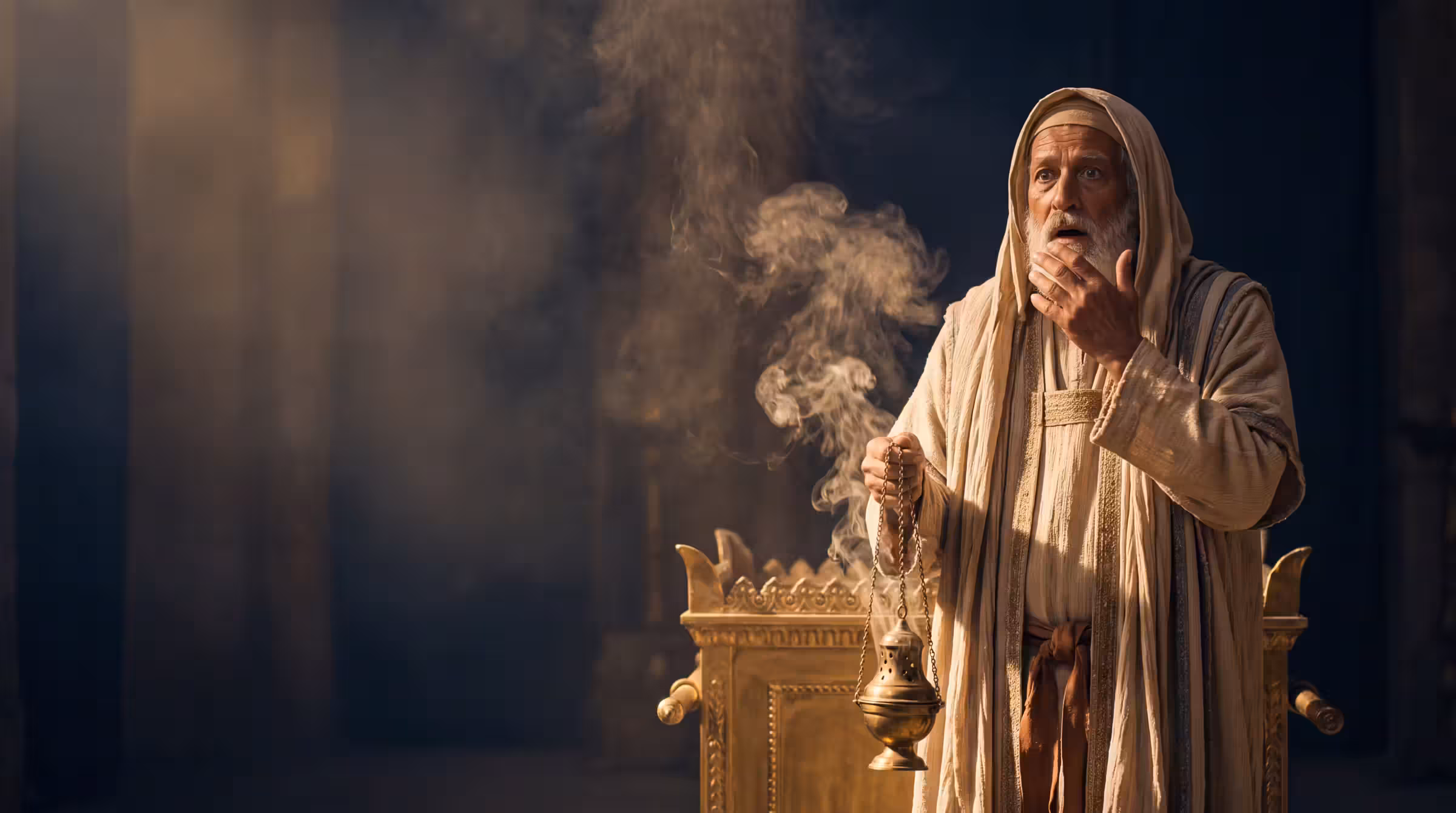 Zechariah struck silent beside the altar of incense in the temple sanctuary, a censer in one hand, smoke rising in the lamplight