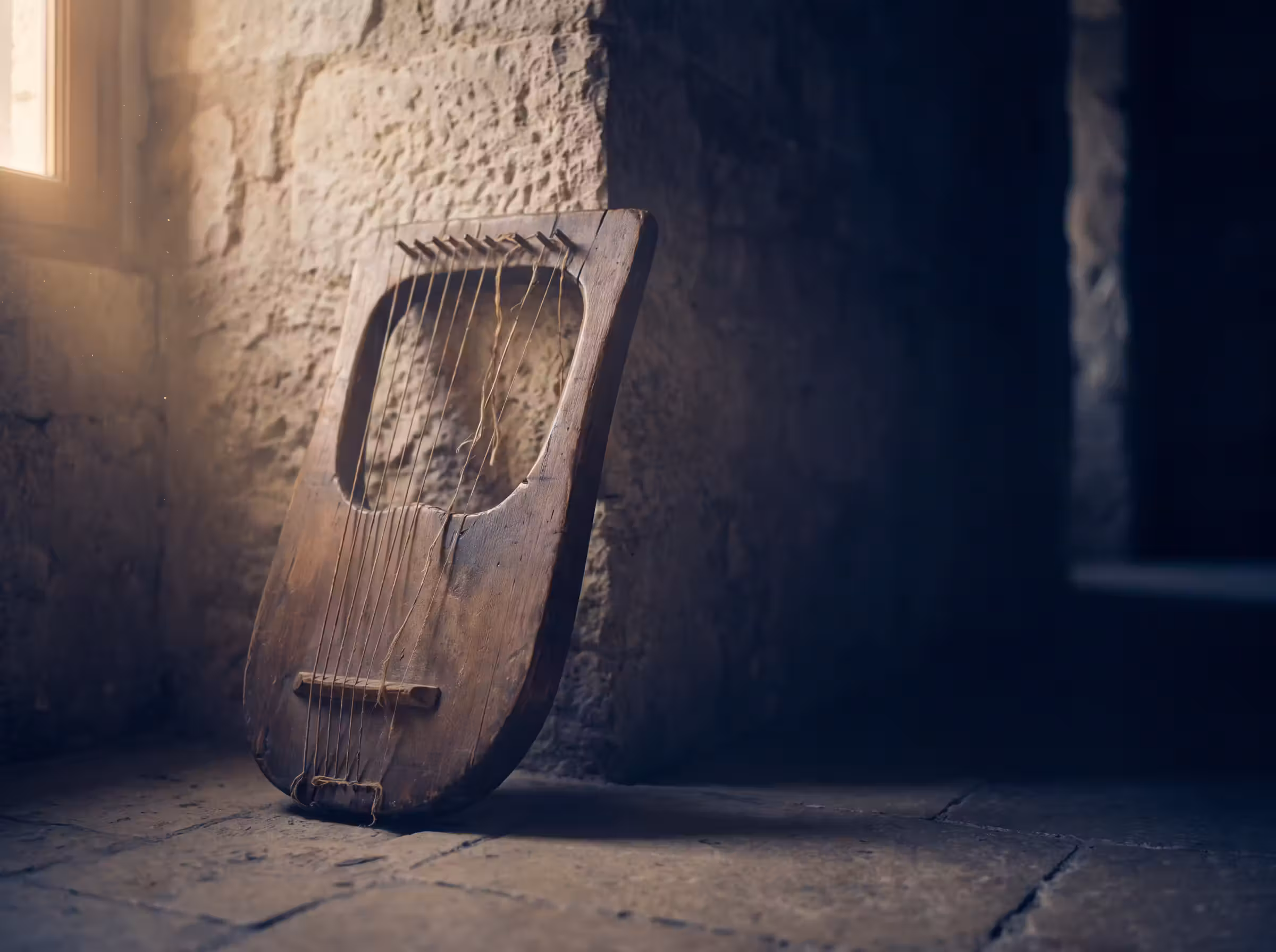 An ancient harp resting against a stone wall in low light