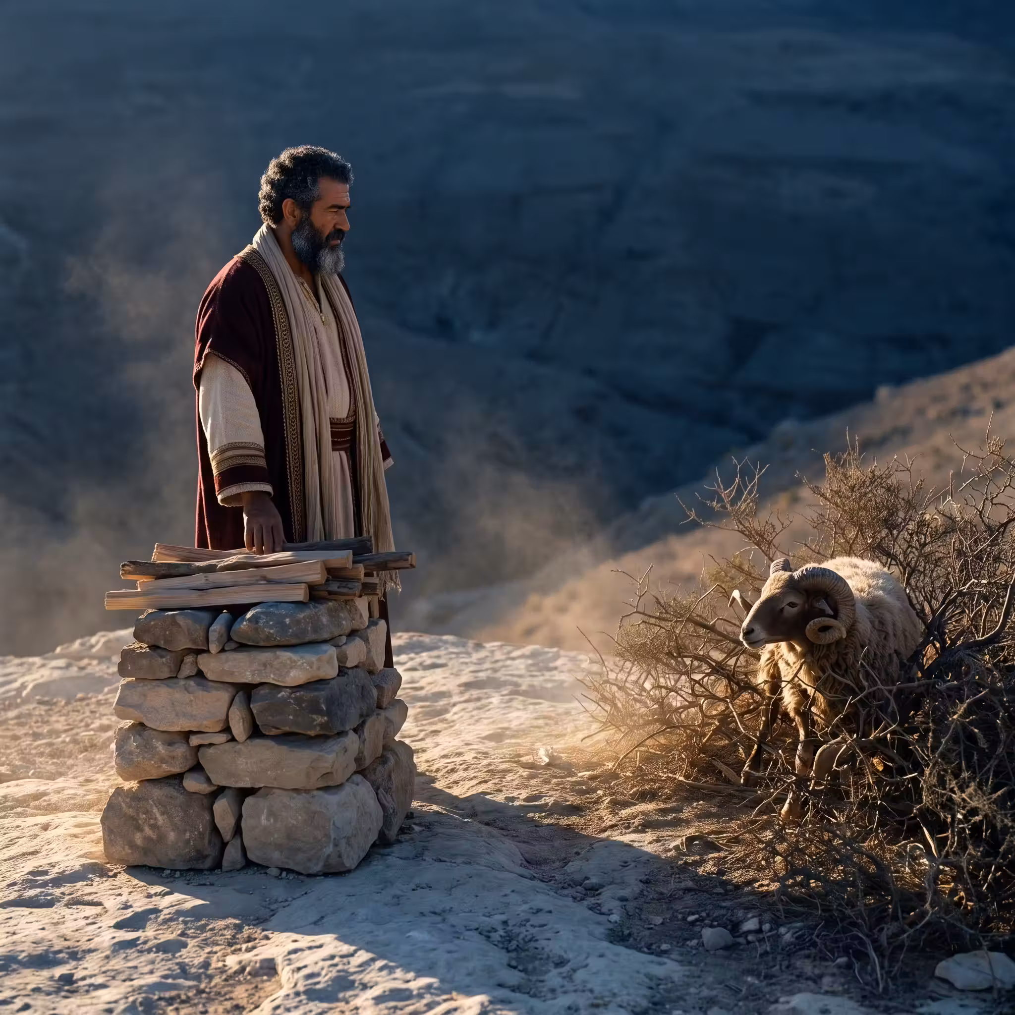 Abraham stands with one hand on a rough stone altar stacked with wood on a bare hilltop at dawn, looking at a ram caught by its horns in a thicket of dry scrub, with the hills of Judea in shadow behind.