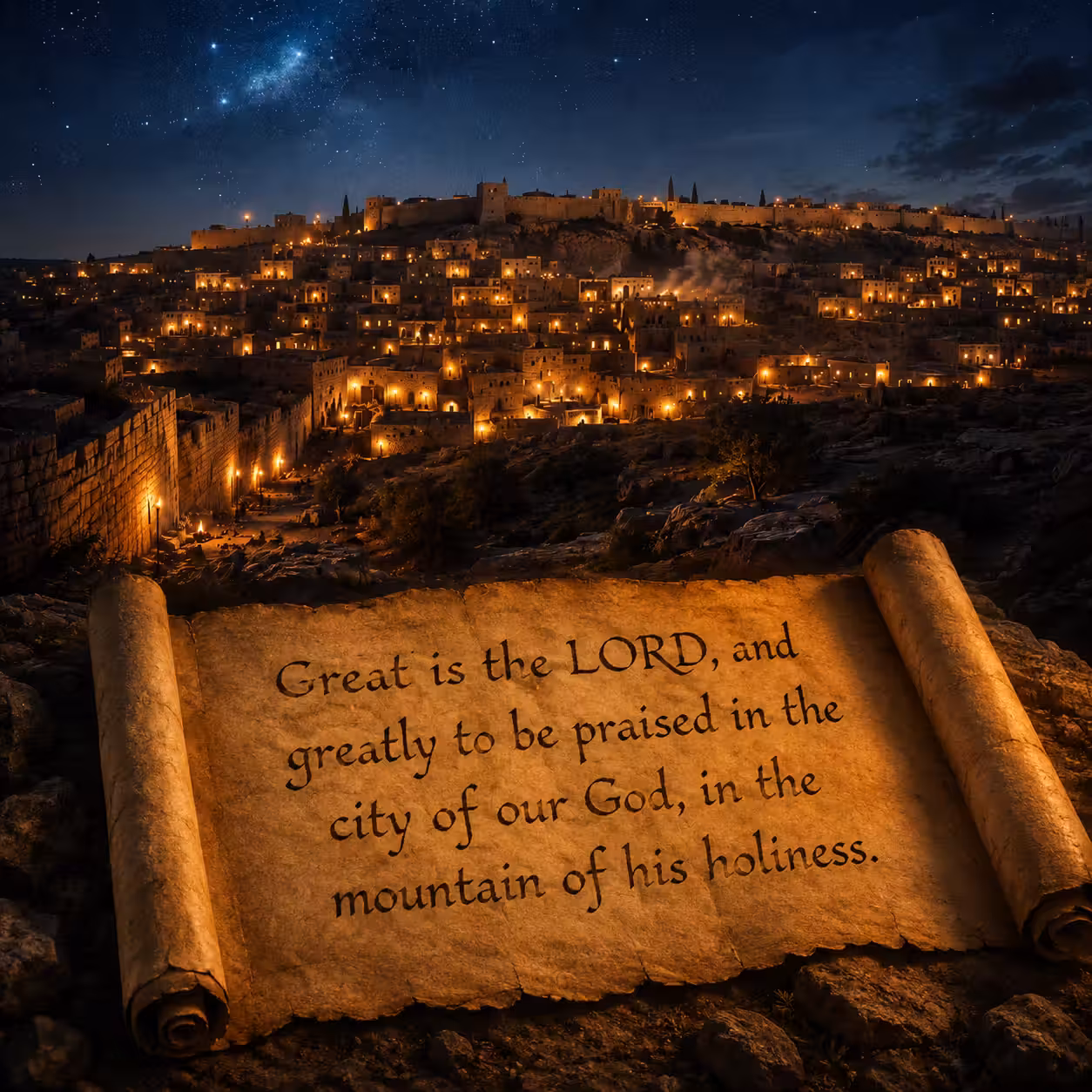 a scroll sits in the foreground of ancient Jerusalem.
