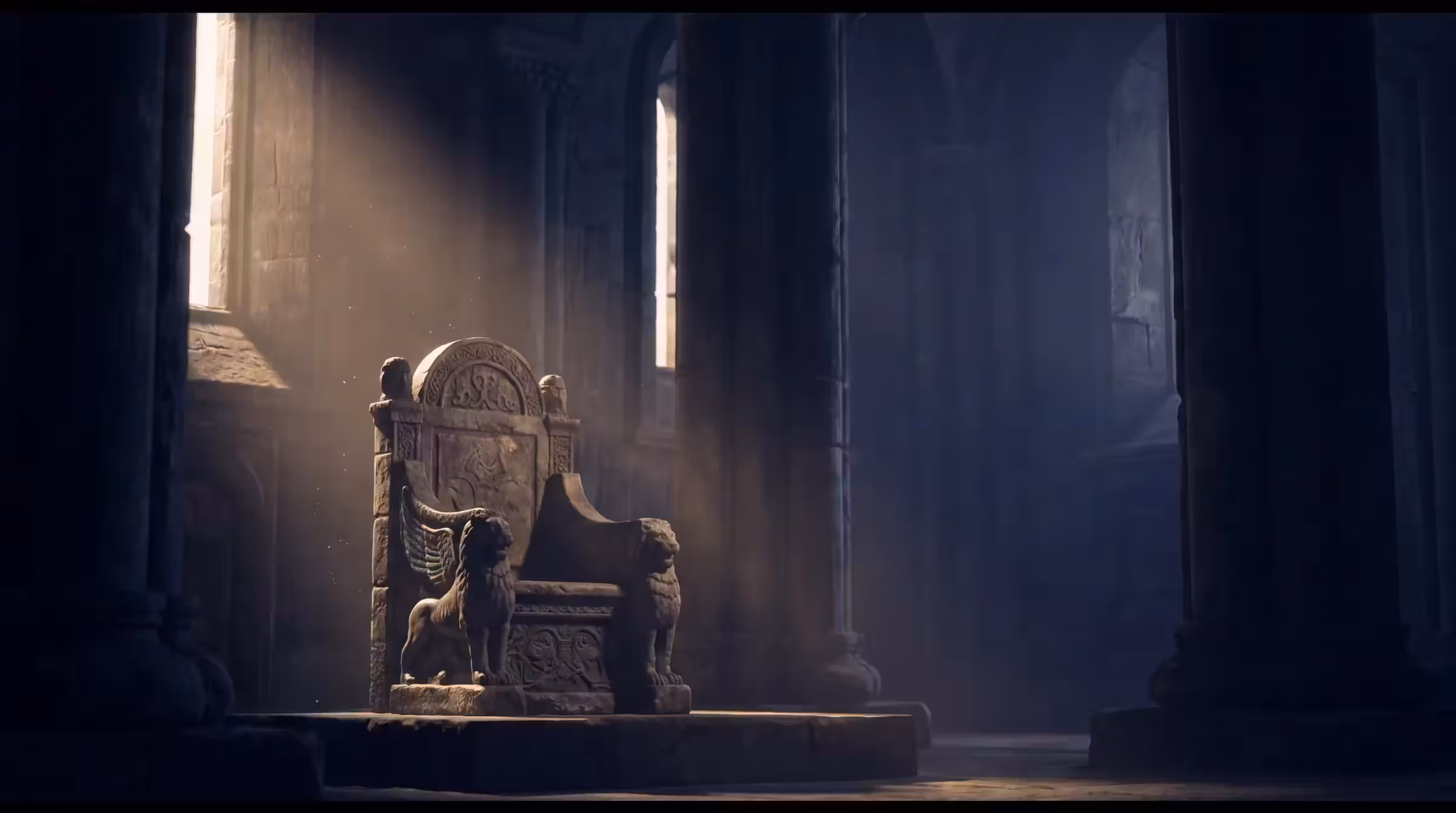 An empty carved stone throne in a colonnaded hall, a single shaft of light falling across the vacant seat