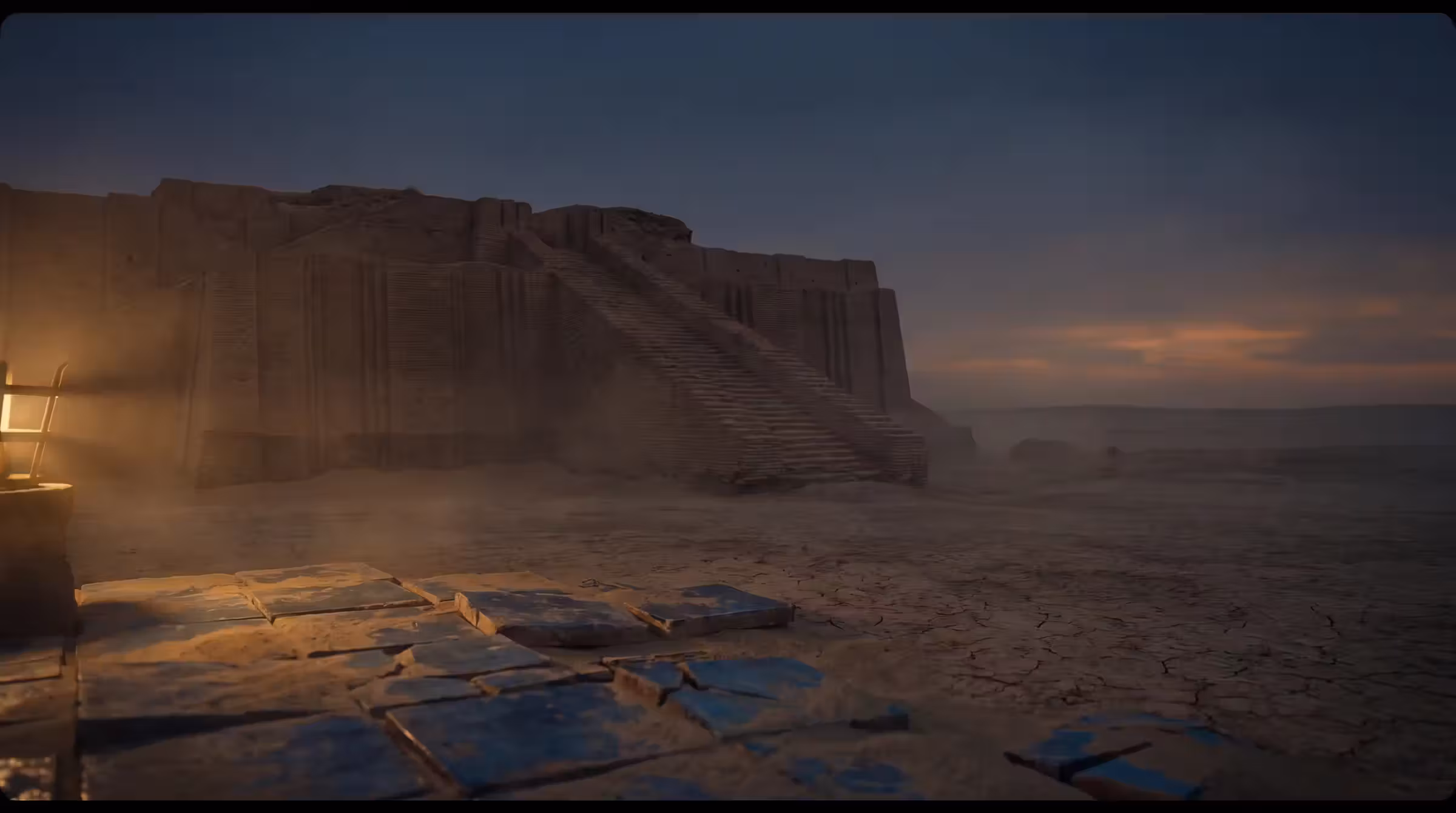 A ruined mud-brick ziggurat on a dry plain at dusk with fallen blue-glazed tiles half-buried in dust at its foot