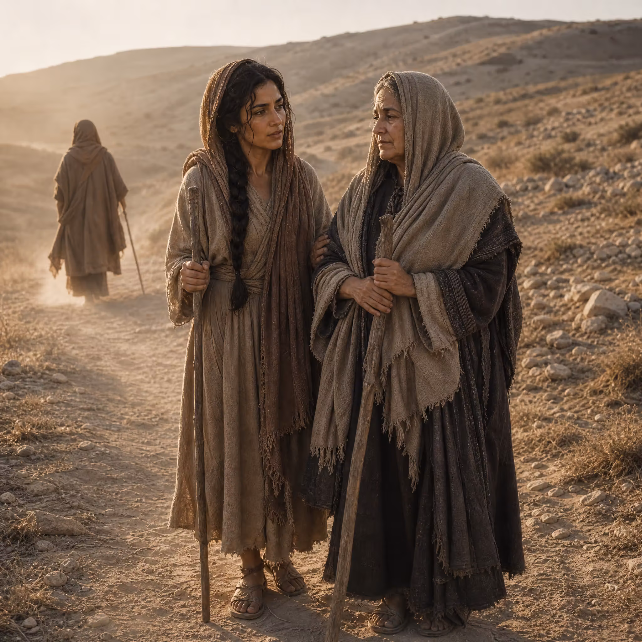 Two women, Ruth and Naomi, stand close together on a dusty hillside path holding walking staffs, Naomi's face turned toward Ruth as she speaks, while a third woman, Orpah, walks away in the distance back toward Moab, under a hazy morning sky.