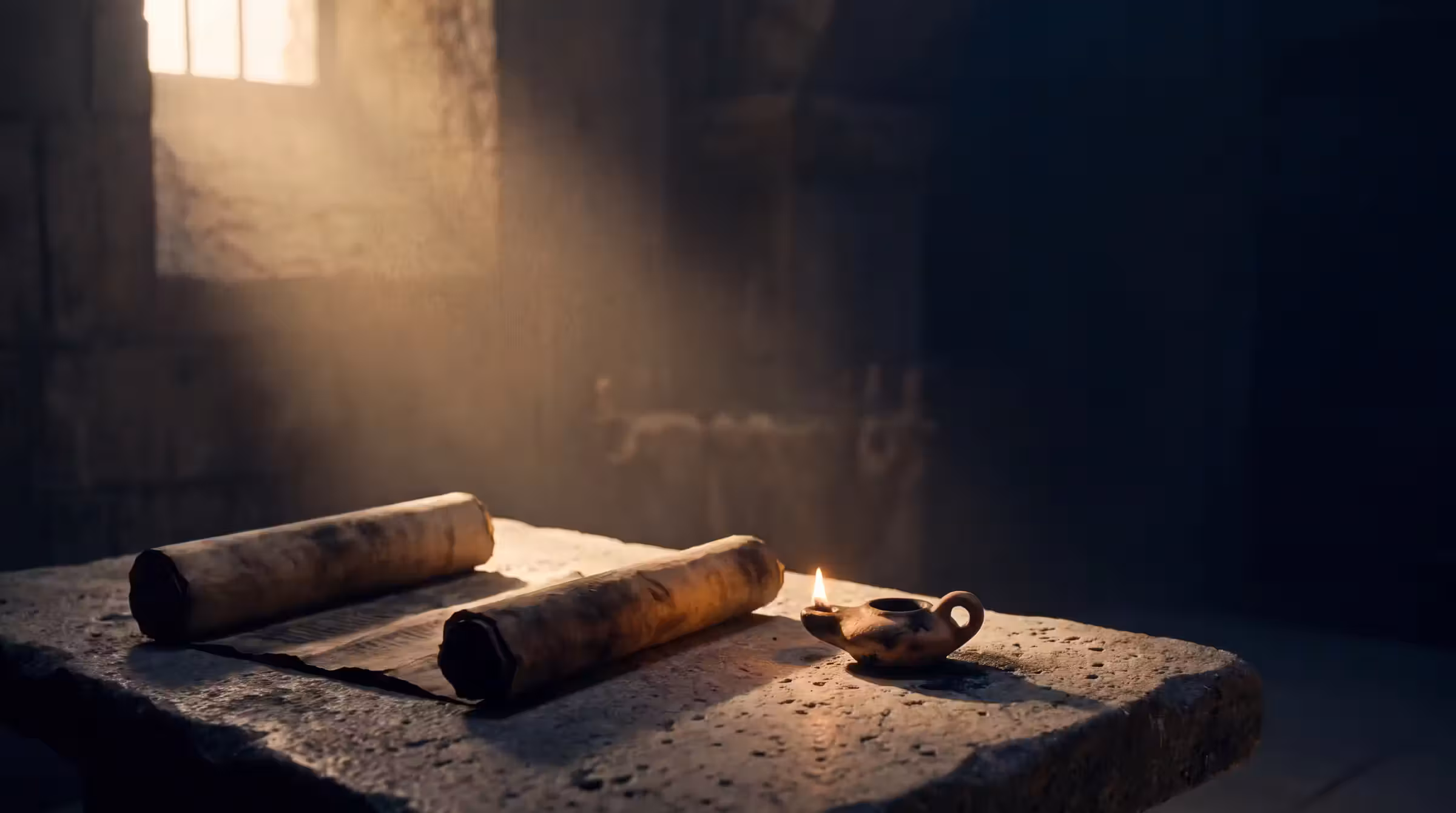 A parchment scroll partly unrolled on a stone table beside a clay oil lamp, lit by a shaft of window light