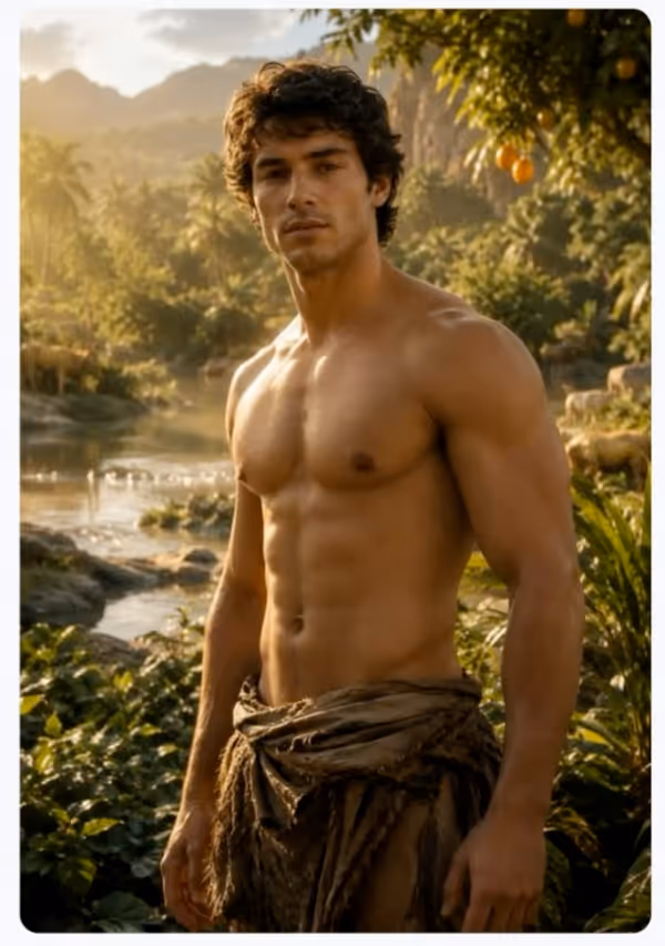 Adam standing barefoot at the edge of a river running through the garden