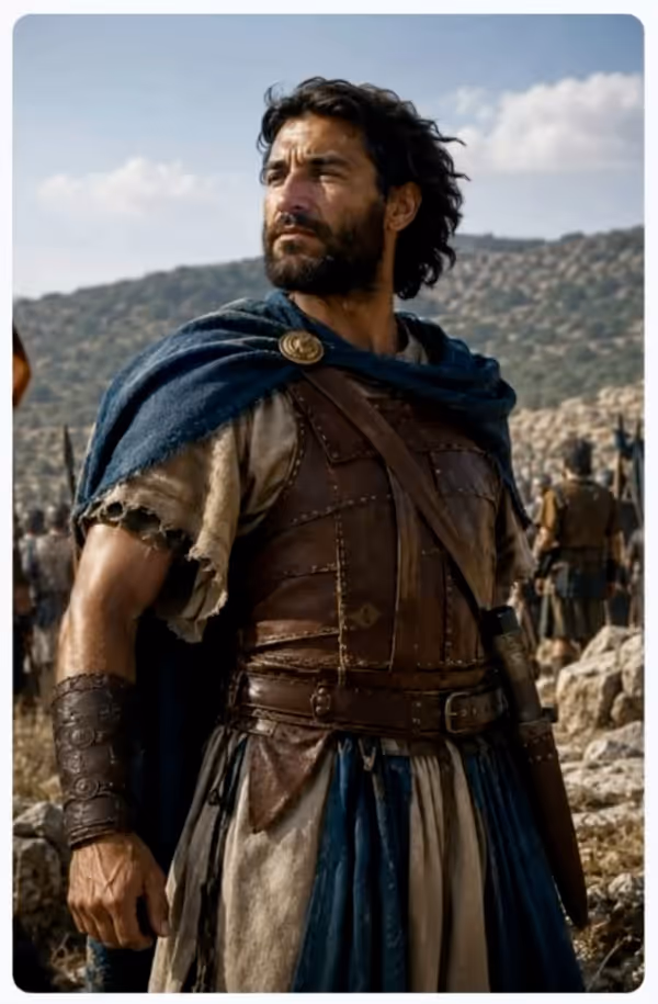 David in a blue cloak and leather armour on a hillside above the valley