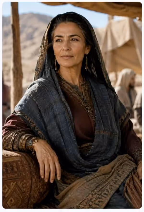 Deborah seated and veiled beneath an awning, with the camp behind her