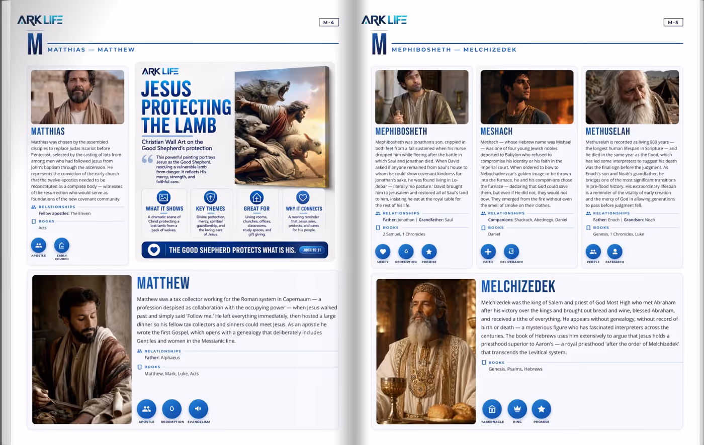 Two facing pages of the directory, with entries for Matthias, Matthew, Mephibosheth, Meshach, Methuselah and Melchizedek